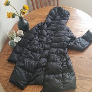 Uniqlo long black down coat with hood
